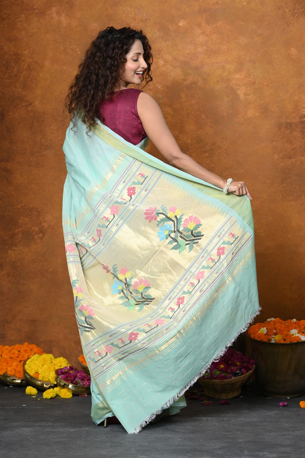 Very Much Indian EXCLUSIVE! Handloom Pure Cotton Paithani With Asawali Pallu - Light Blue - Distacart