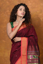 Thumbnail for Very Much Indian EXCLUSIVE! Handloom Pure Cotton Paithani With Asawali Pallu - Dark Maroon - Distacart