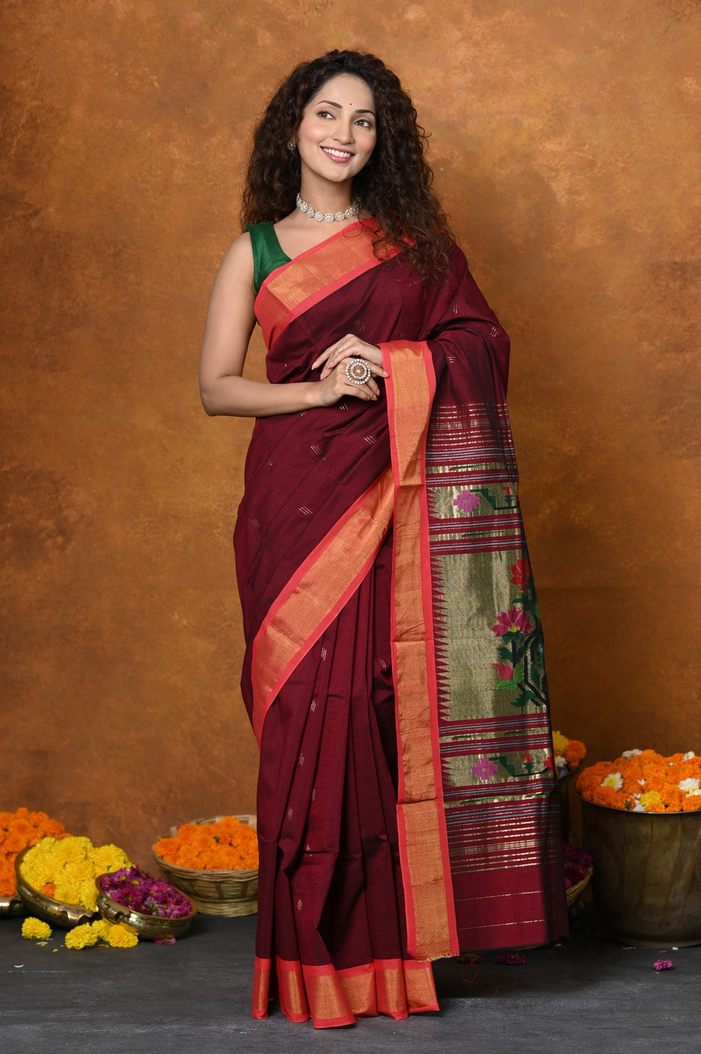 Very Much Indian EXCLUSIVE! Handloom Pure Cotton Paithani With Asawali Pallu - Dark Maroon - Distacart