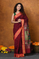 Thumbnail for Very Much Indian EXCLUSIVE! Handloom Pure Cotton Paithani With Asawali Pallu - Dark Maroon - Distacart