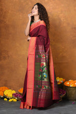 Thumbnail for Very Much Indian EXCLUSIVE! Handloom Pure Cotton Paithani With Asawali Pallu - Dark Maroon - Distacart