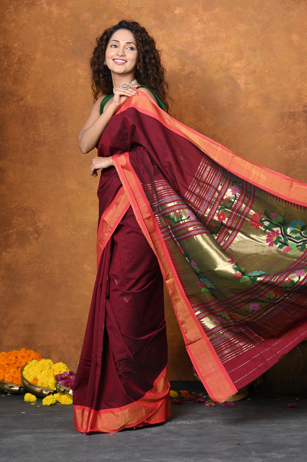 Very Much Indian EXCLUSIVE! Handloom Pure Cotton Paithani With Asawali Pallu - Dark Maroon - Distacart