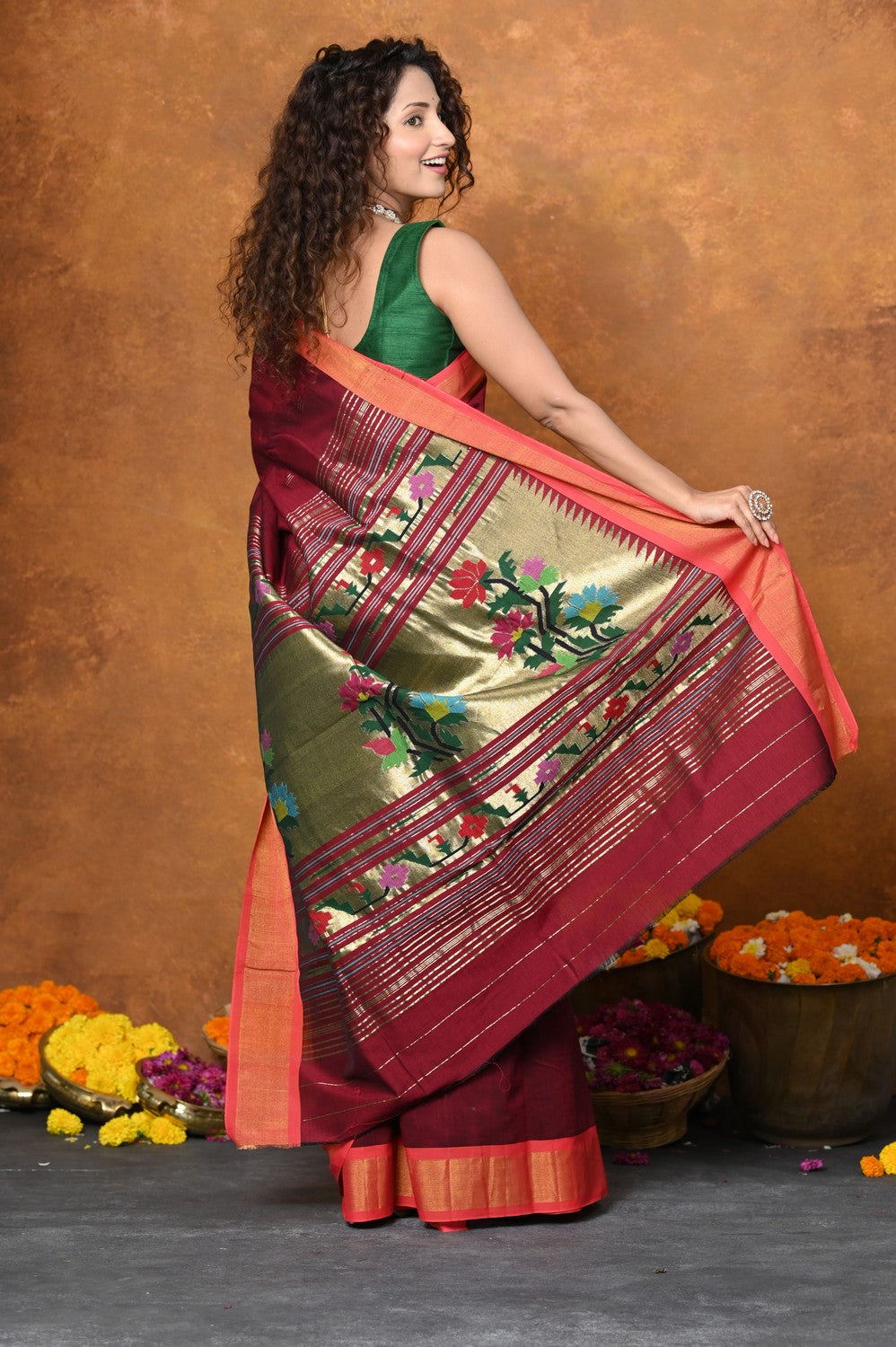 Very Much Indian EXCLUSIVE! Handloom Pure Cotton Paithani With Asawali Pallu - Dark Maroon - Distacart