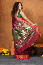 Thumbnail for Very Much Indian EXCLUSIVE! Handloom Pure Cotton Paithani With Asawali Pallu - Dark Maroon - Distacart