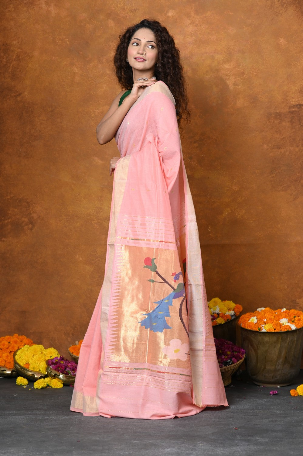 Very Much Indian EXCLUSIVE! Handloom Pure Cotton Paithani With Peacock Pallu - Fresh Peach - Distacart
