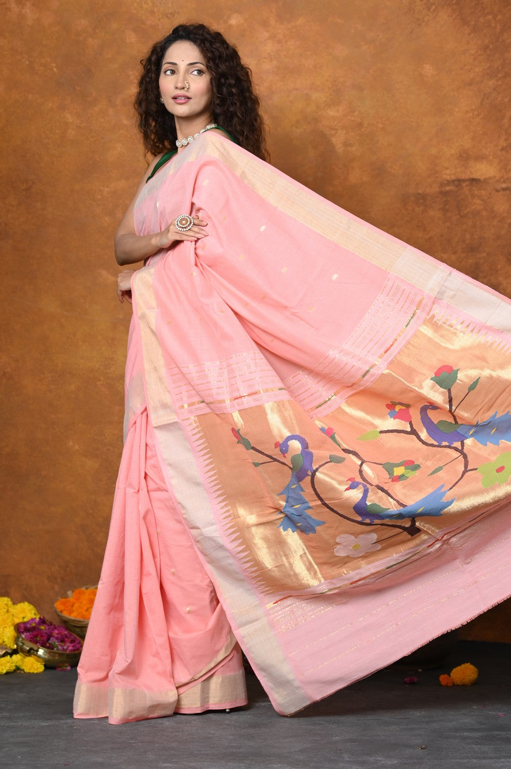 Very Much Indian EXCLUSIVE! Handloom Pure Cotton Paithani With Peacock Pallu - Fresh Peach - Distacart