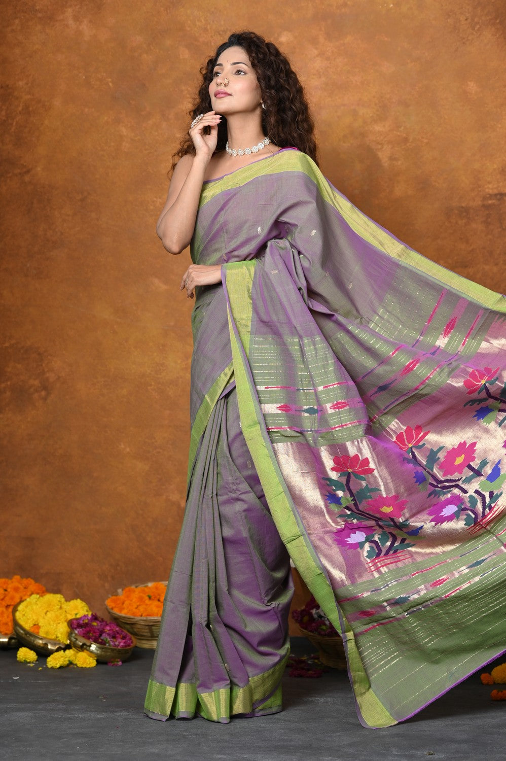 Very Much Indian EXCLUSIVE! Handloom Pure Cotton Paithani With Traditional Asawali Pallu - Dual Tone Green & Pink - Distacart