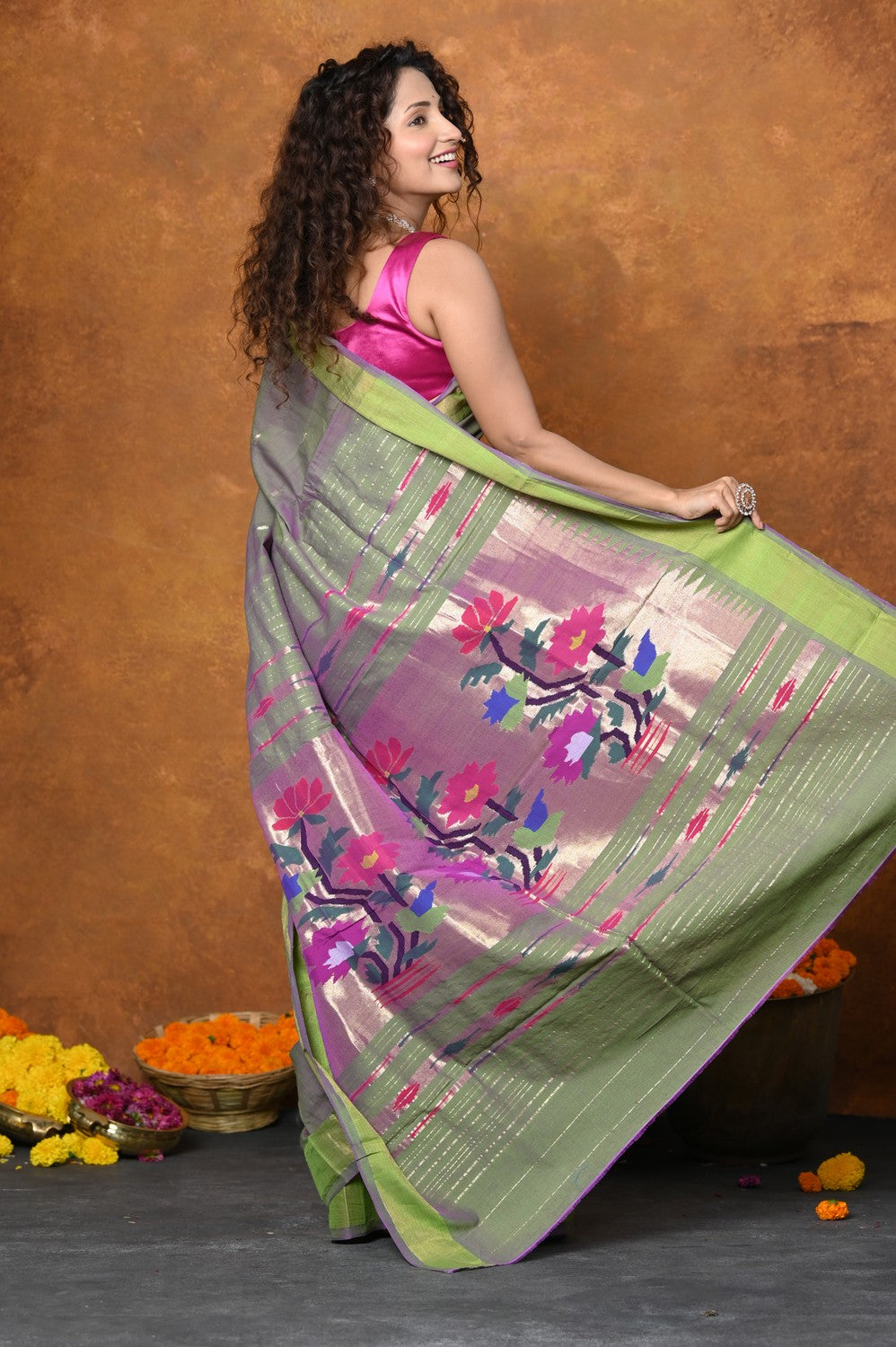 Very Much Indian EXCLUSIVE! Handloom Pure Cotton Paithani With Traditional Asawali Pallu - Dual Tone Green & Pink - Distacart