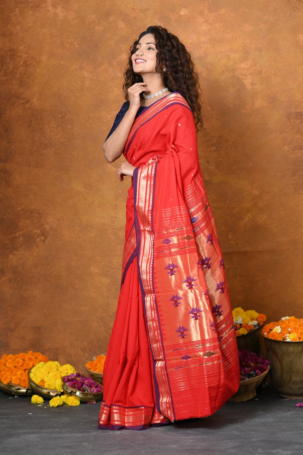 Very Much Indian EXCLUSIVE! Handloom Pure Cotton Paithani With Narayali Border & Traditional Heritage Asawali Pallu - Red - Distacart