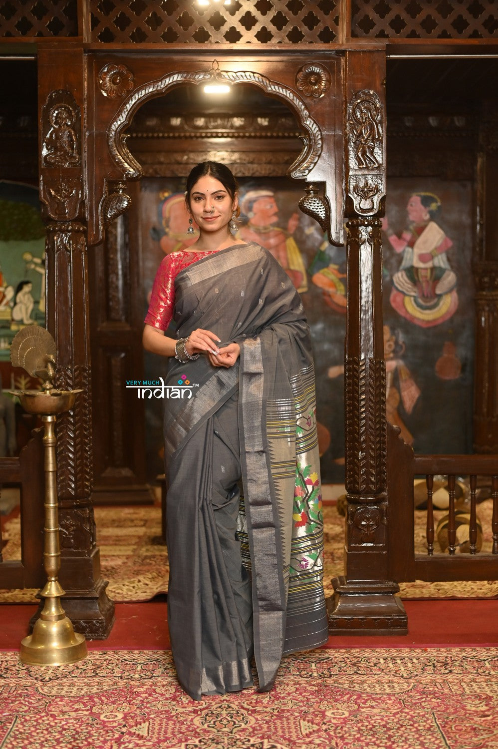 Very Much Indian Authentic Handloom Pure Cotton Paithani with Handcrafted Asawali Pallu - Grey Silver - Distacart