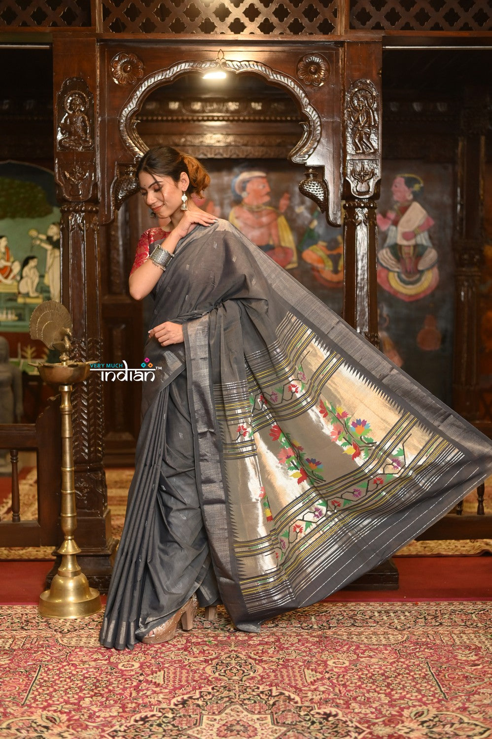 Very Much Indian Authentic Handloom Pure Cotton Paithani with Handcrafted Asawali Pallu - Grey Silver - Distacart