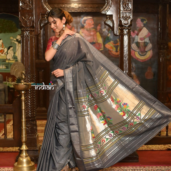 Very Much Indian Authentic Handloom Pure Cotton Paithani with Handcrafted Asawali Pallu - Grey Silver - Distacart