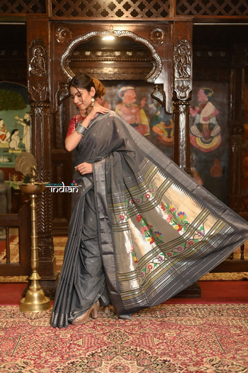 Very Much Indian Authentic Handloom Pure Cotton Paithani with Handcrafted Asawali Pallu - Grey Silver - Distacart