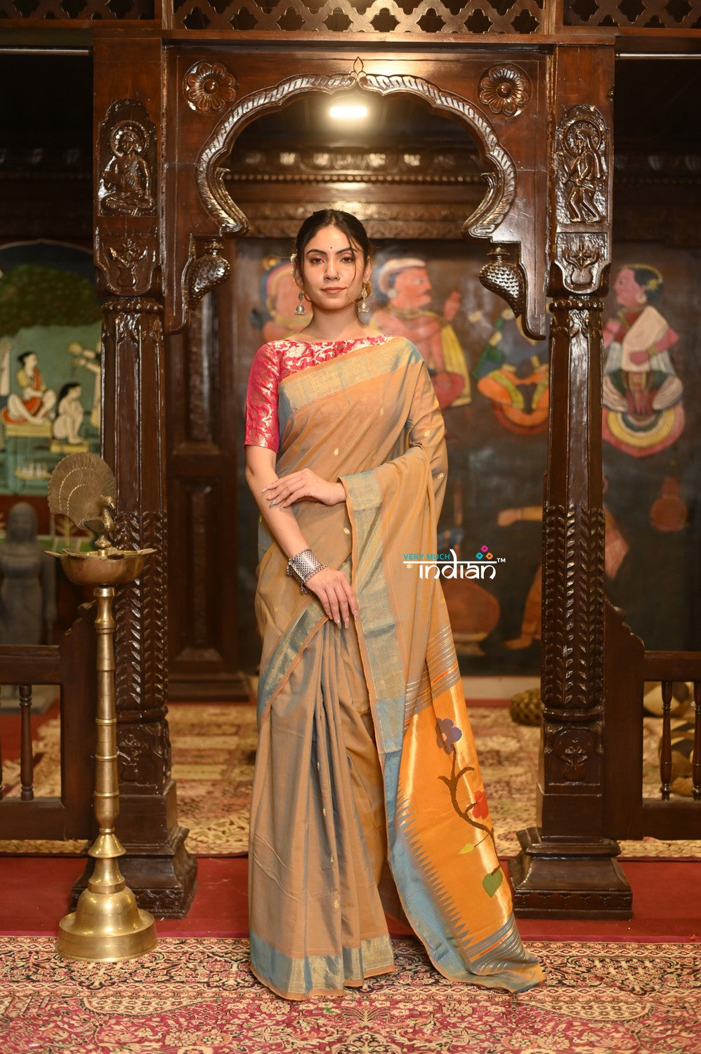 Very Much Indian Authentic Handloom Pure Cotton Paithani with Handcrafted Peacock Pallu - Powder Blue Gold - Distacart