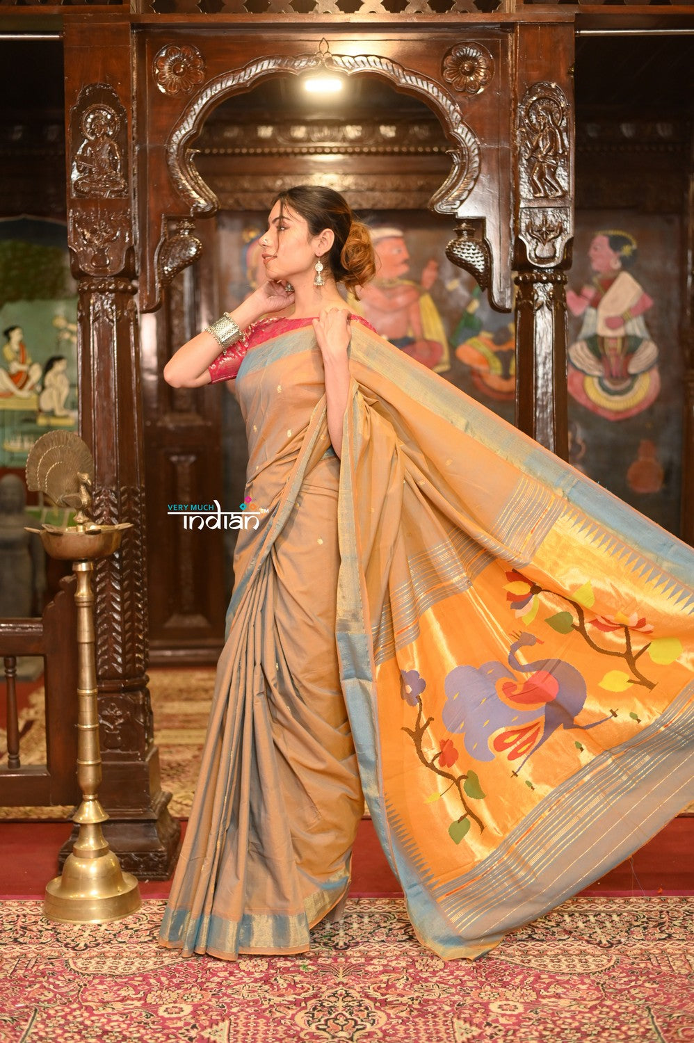 Very Much Indian Authentic Handloom Pure Cotton Paithani with Handcrafted Peacock Pallu - Powder Blue Gold - Distacart