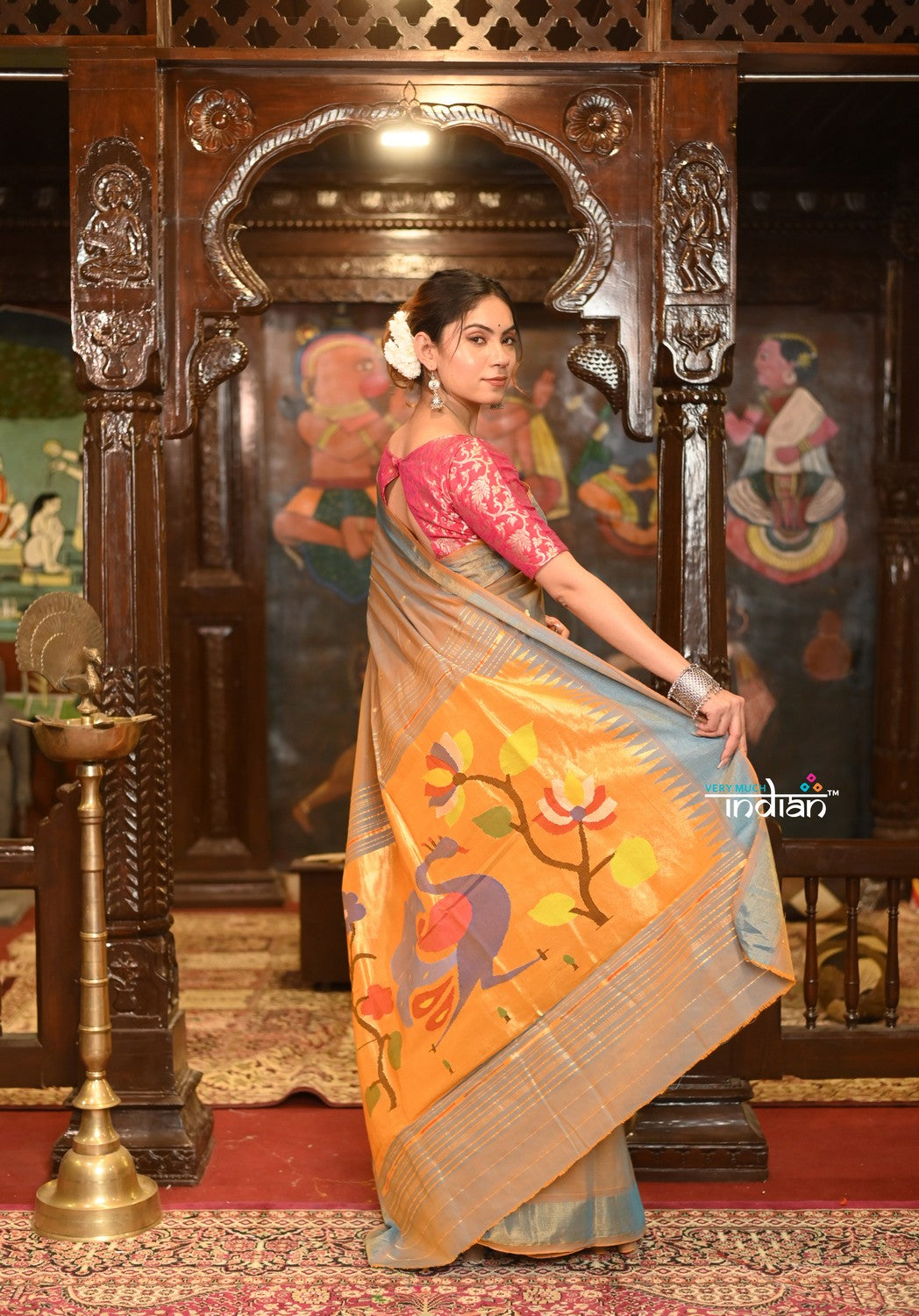 Very Much Indian Authentic Handloom Pure Cotton Paithani with Handcrafted Peacock Pallu - Powder Blue Gold - Distacart