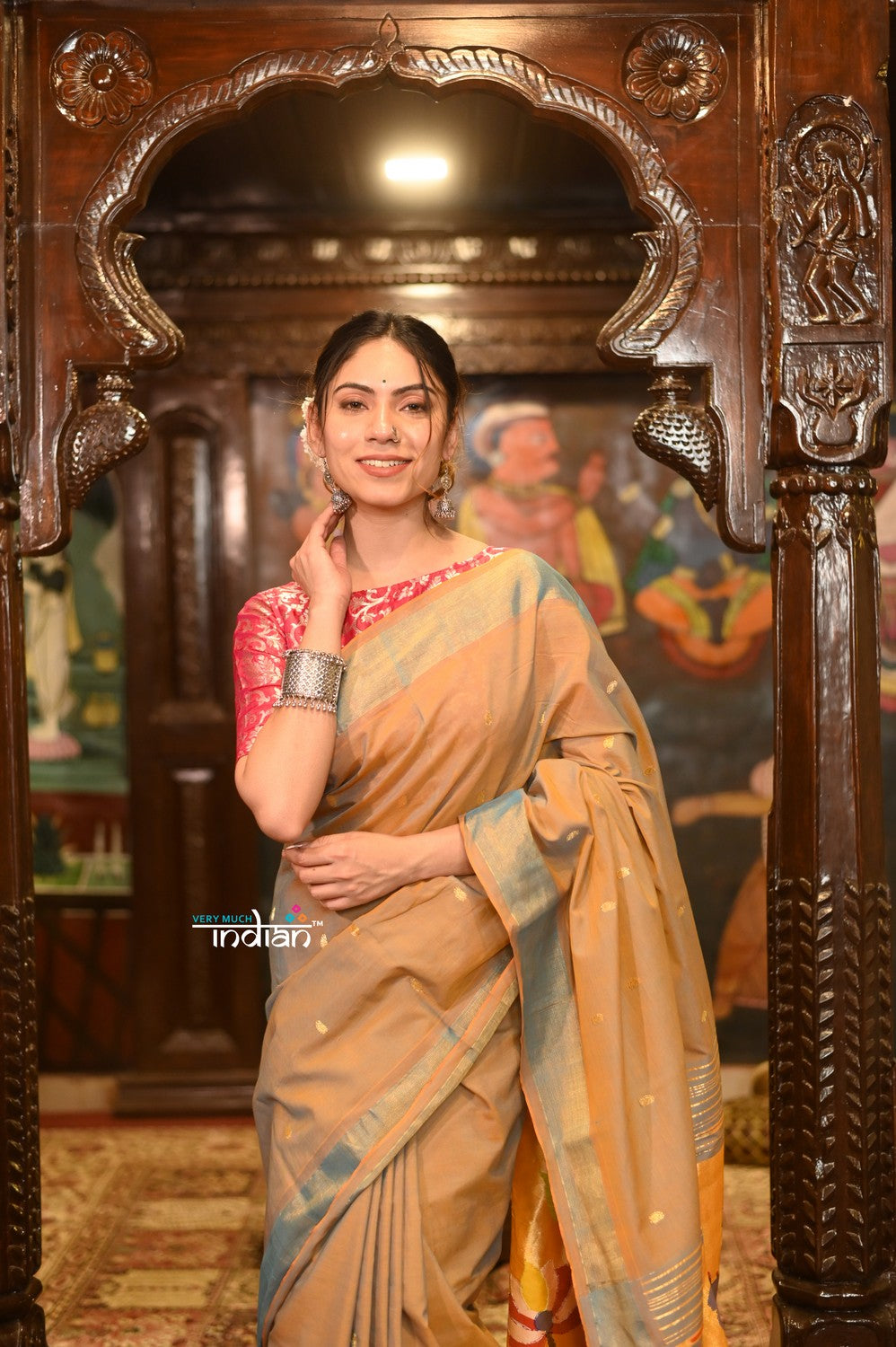 Very Much Indian Authentic Handloom Pure Cotton Paithani with Handcrafted Peacock Pallu - Powder Blue Gold - Distacart