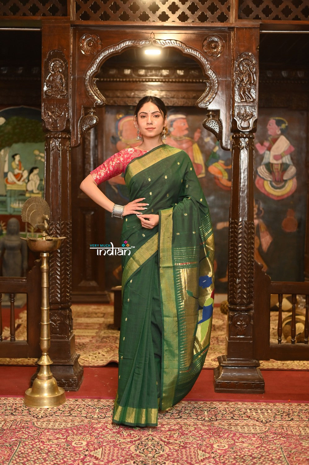 Very Much Indian Authentic Handloom Pure Cotton Paithani with Handcrafted Parrot Pallu - Forest Green - Distacart