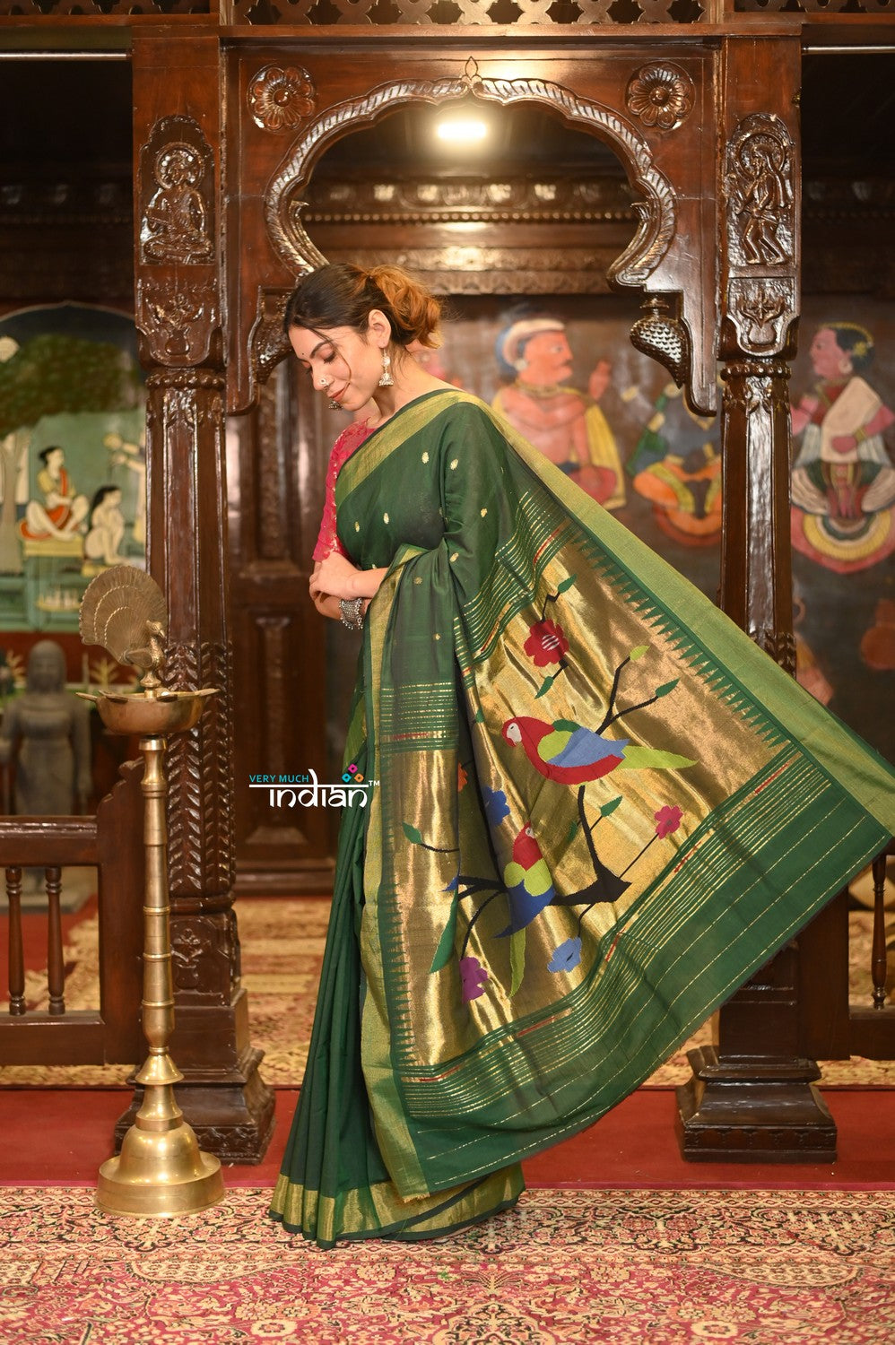 Very Much Indian Authentic Handloom Pure Cotton Paithani with Handcrafted Parrot Pallu - Forest Green - Distacart