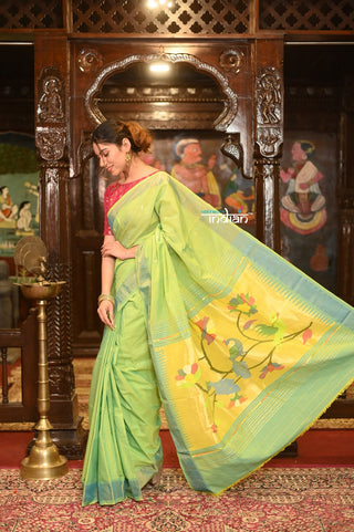 Very Much Indian Authentic Handloom Pure Cotton Paithani with Handcrafted Peacock and Parrot Pallu - Lush Green - Distacart