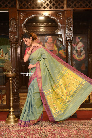 Very Much Indian Authentic Handloom Pure Cotton Paithani with Handcrafted Taditional Double Pallu - Dust Green - Distacart