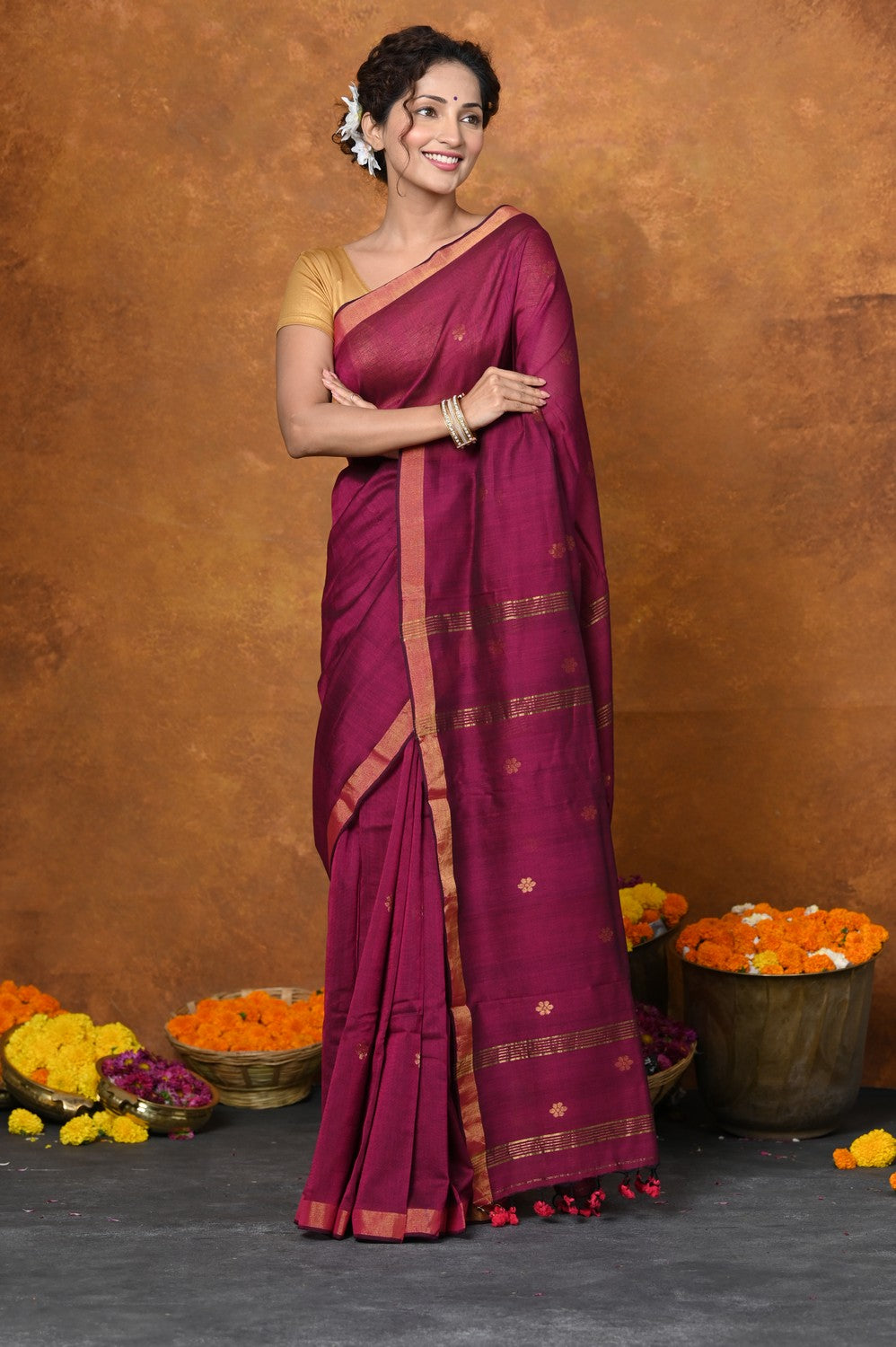 Very Much Indian Designed by VMI - High Quality Mul Cotton Handloom Woven with Sleek Border and Flower Buttis - Magenta Pink - Distacart