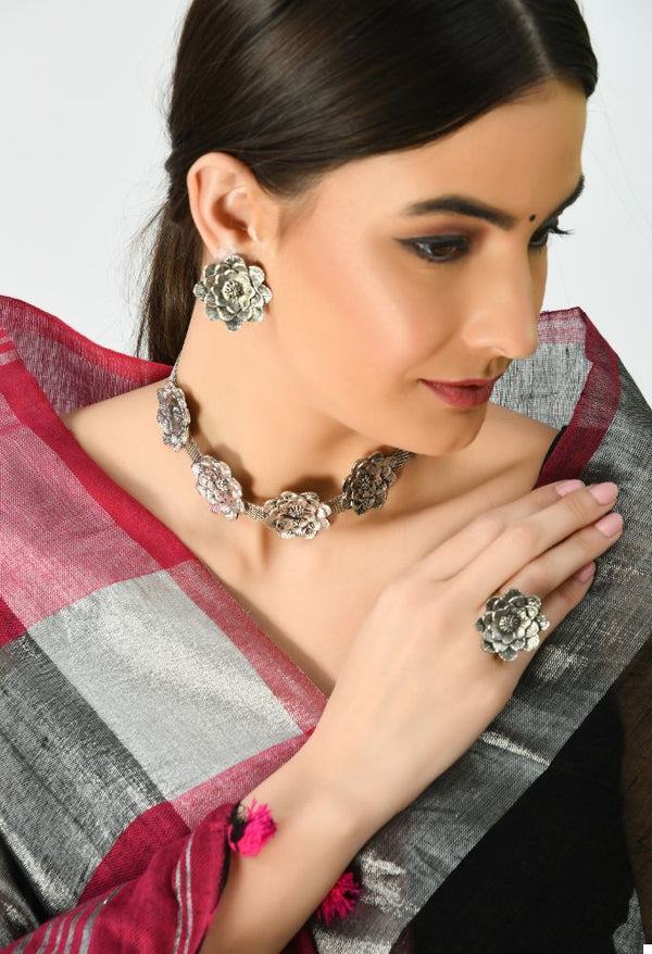 Mominos Fashion Johar Kamal Silver-Plated Brass Finish Rose Design Choker For Women (Silver) - Distacart