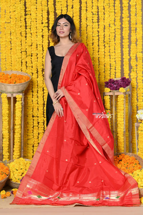 Very Much Indian Rajsi - Handloom Pure Silk Paithani Dupatta With Beautiful Zari Work and Handwoven Buttis - Red - Distacart