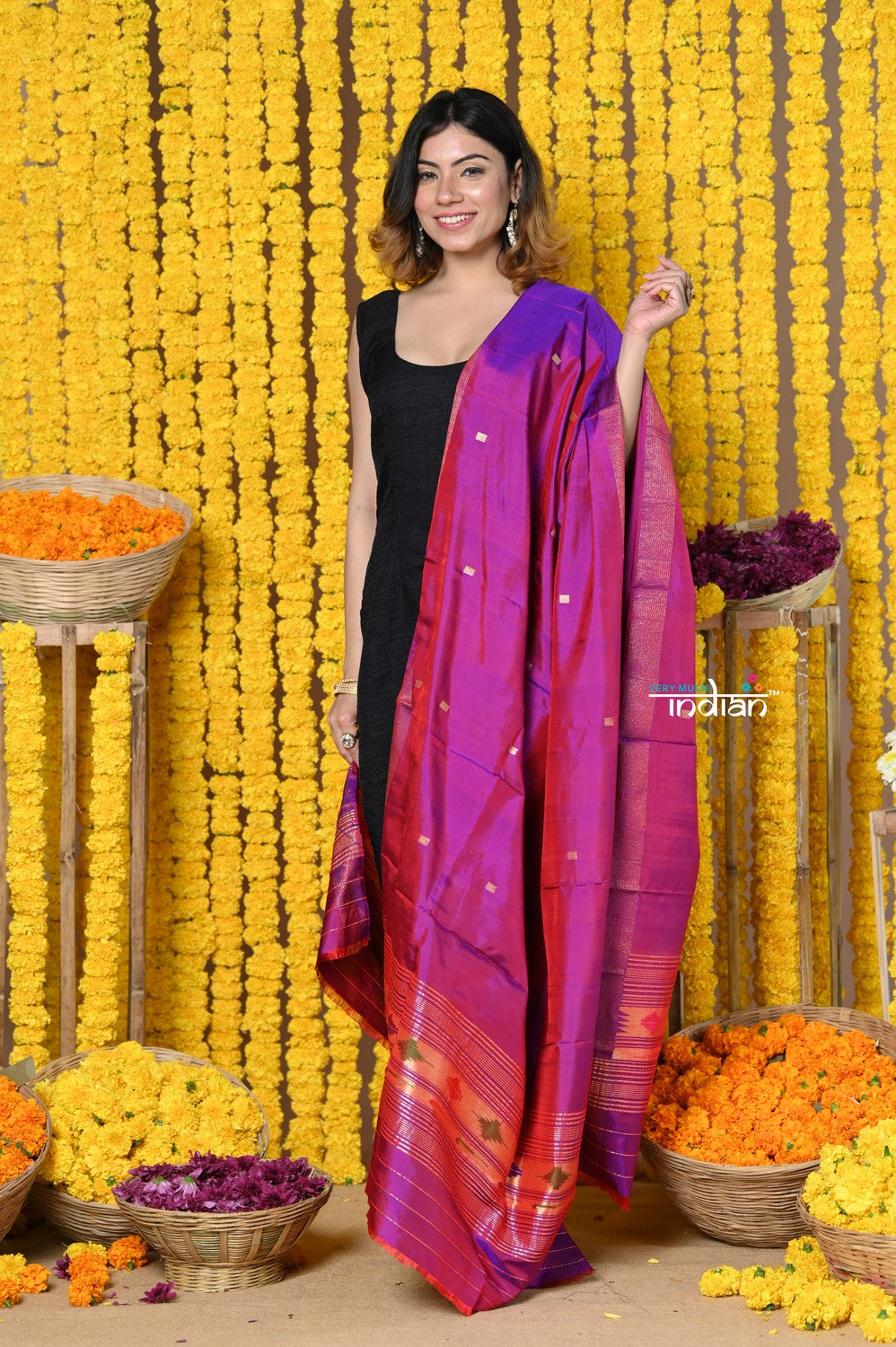 Very Much Indian Rajsi - Handloom Pure Silk Paithani Dupatta With Beautiful Zari Work and Handwoven Buttis - Starlight Violet - Distacart