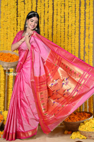 Very Much Indian Rajsi - Handloom High Quality Pure SIlk Paithani With Most Traditional Double Pallu - Feroze Pink - Distacart