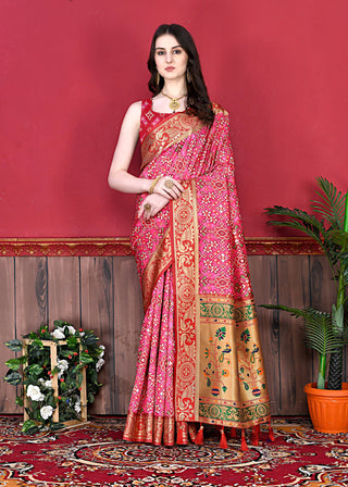 Lorenvalley Fashion Soft Paithani Silk Saree With Patola Print And Contrast Border & Printed Blouse - Mutlicolor - Distacart