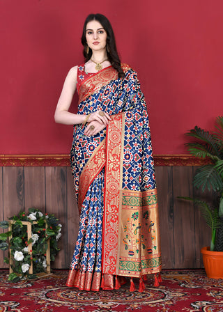 Lorenvalley Fashion Soft Paithani Silk Saree With Patola Print And Contrast Border & Printed Blouse - Mutlicolor - Distacart