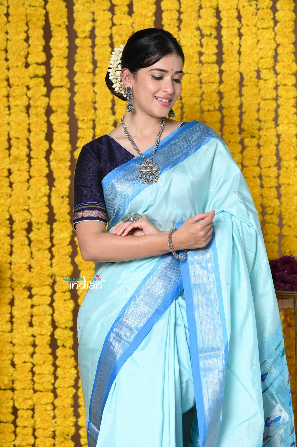 Very Much Indian Premium - Handloom Pure Silk Silver Zari Paithani Saree WIth Handcrafted Traditional Double Pallu - Powder Blue - Distacart