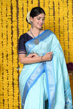 Thumbnail for Very Much Indian Premium - Handloom Pure Silk Silver Zari Paithani Saree WIth Handcrafted Traditional Double Pallu - Powder Blue - Distacart