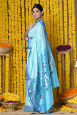 Thumbnail for Very Much Indian Premium - Handloom Pure Silk Silver Zari Paithani Saree WIth Handcrafted Traditional Double Pallu - Powder Blue - Distacart