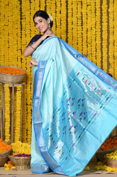 Very Much Indian Premium - Handloom Pure Silk Silver Zari Paithani Saree WIth Handcrafted Traditional Double Pallu - Powder Blue - Distacart