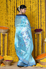 Thumbnail for Very Much Indian Premium - Handloom Pure Silk Silver Zari Paithani Saree WIth Handcrafted Traditional Double Pallu - Powder Blue - Distacart