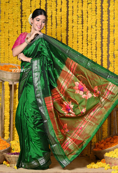 Very Much Indian Rajsi - Handloom High Quality Pure SIlk Paithani With Traditional Nath Pallu - Green - Distacart