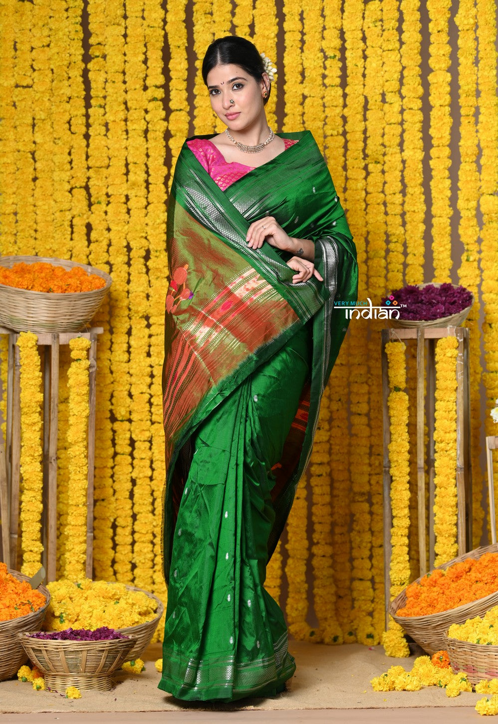Very Much Indian Rajsi - Handloom High Quality Pure SIlk Paithani With Traditional Nath Pallu - Green - Distacart