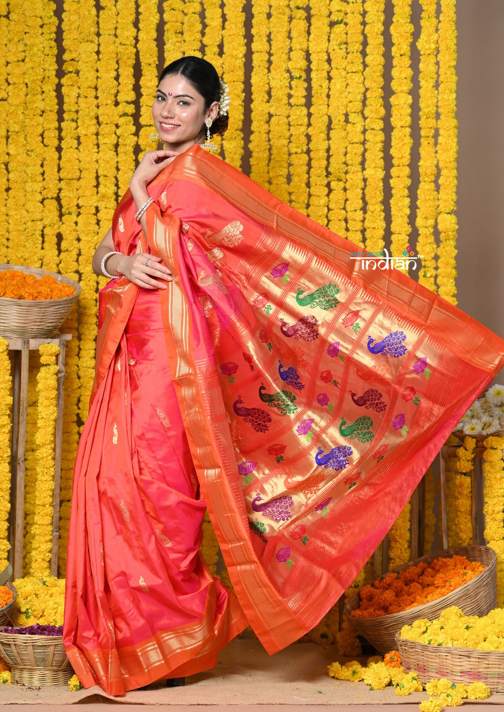 Very Much Indian Rajsi - Handloom Pure Silk Paithani Saree with Peacock Buttis and Handcrafted Peacock Pallu in Peach - Distacart