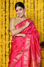 Thumbnail for Very Much Indian Rajsi - Handloom Pure Silk Paithani Saree with Most Traditional Double Pallu in Beautiful Pink Bloom - Distacart