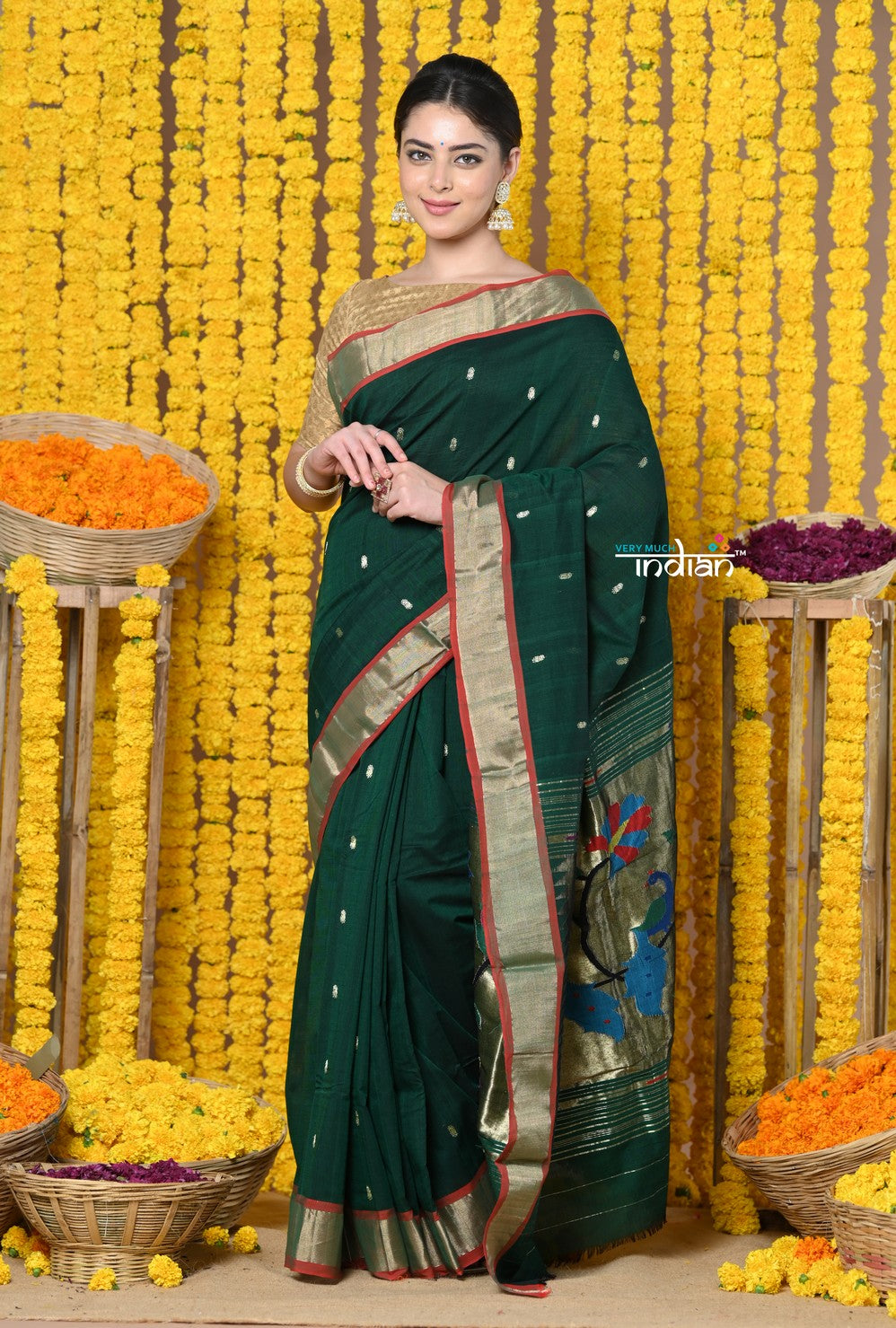 Very Much Indian Rajsi - Handloom Pure Cotton Paithani With Peacock Pallu - Dark Green - Distacart