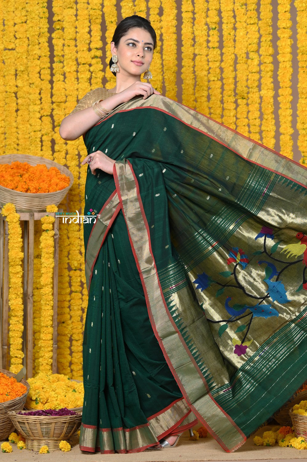 Very Much Indian Rajsi - Handloom Pure Cotton Paithani With Peacock Pallu - Dark Green - Distacart