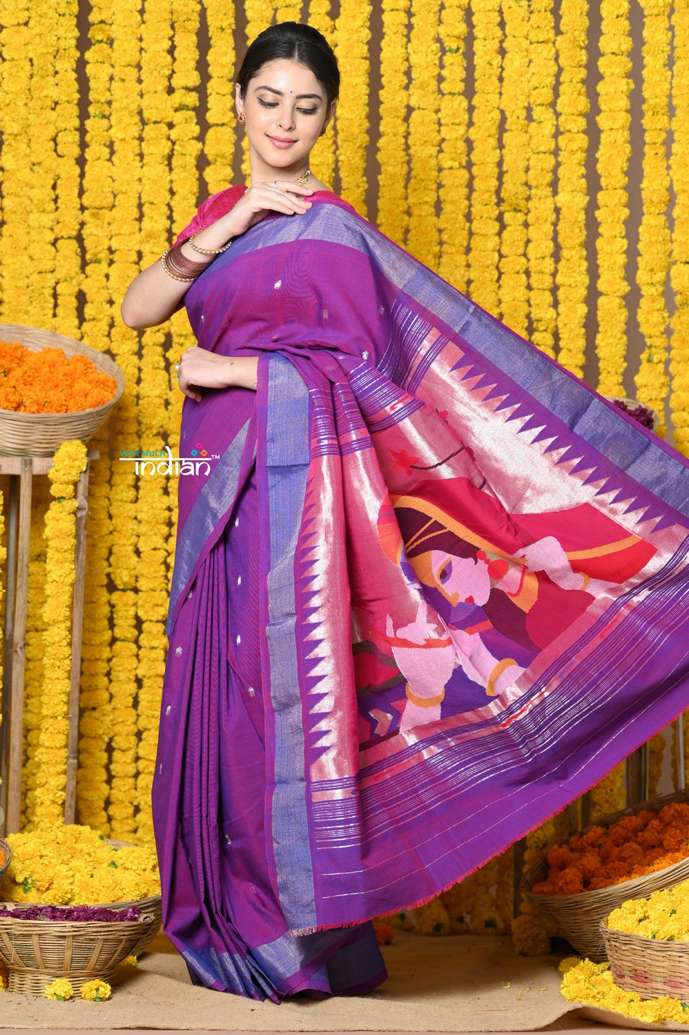 Very Much Indian Rajsi - Handloom Pure Cotton Paithani With Radha Krishna Pallu - Dual Tone Purple - Distacart
