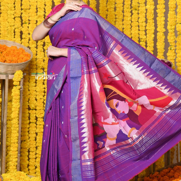 Very Much Indian Rajsi - Handloom Pure Cotton Paithani With Radha Krishna Pallu - Dual Tone Purple - Distacart
