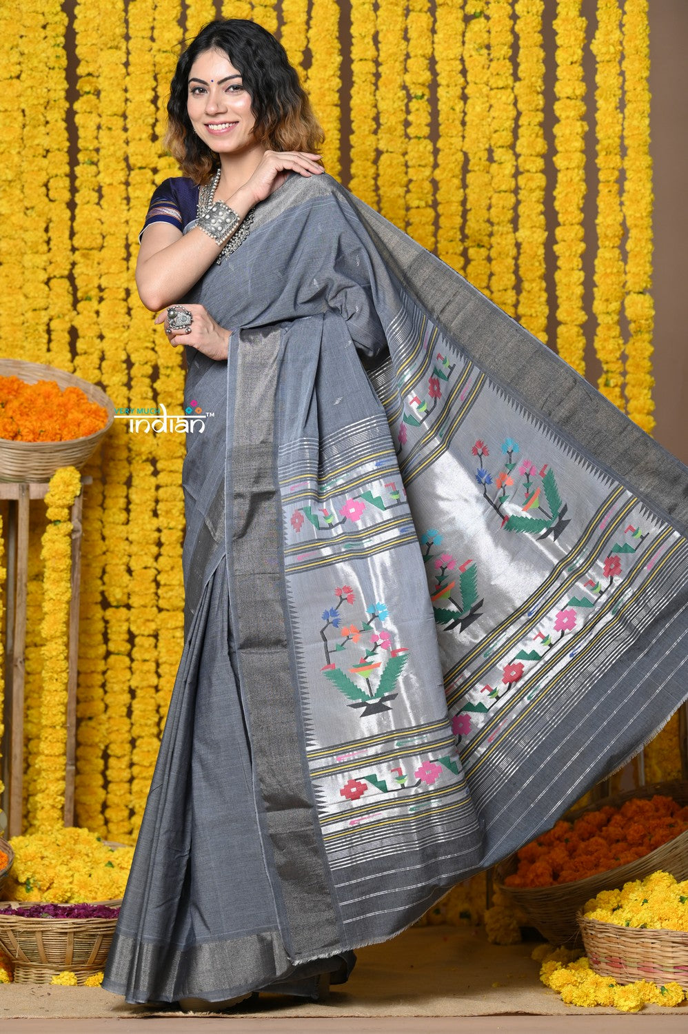 Very Much Indian Rajsi - Handloom Pure Cotton Paithani With Asawali Pallu - Grey - Distacart