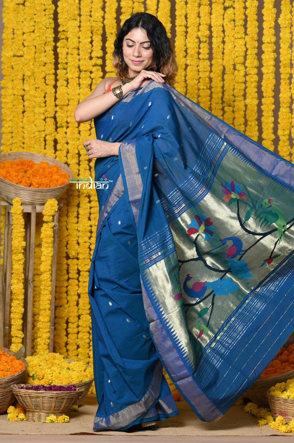 Very Much Indian Rajsi - Handloom Pure Cotton Paithani With Peacock Pallu - Teal Blue - Distacart