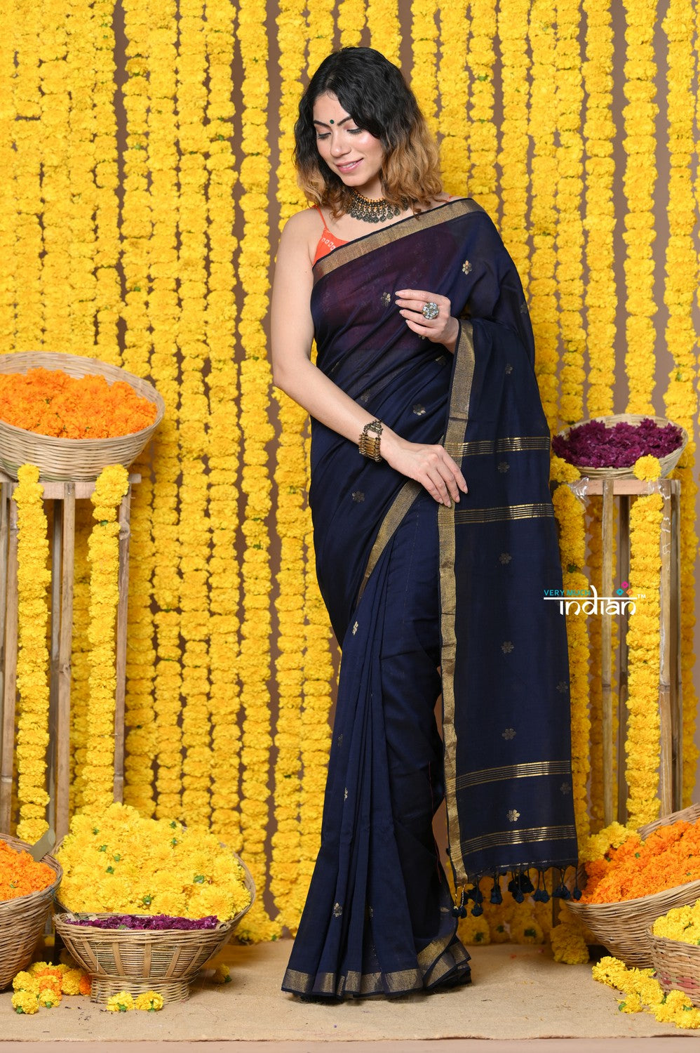 Very Much Indian Rajsi - Designed by VMI! High Quality Mul Cotton Handloom Woven Saree With Sleek Border in dark blue - Distacart