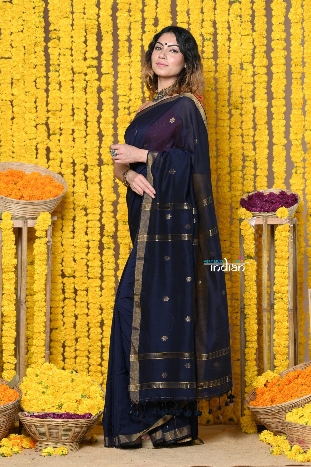 Very Much Indian Rajsi - Designed by VMI! High Quality Mul Cotton Handloom Woven Saree With Sleek Border in dark blue - Distacart