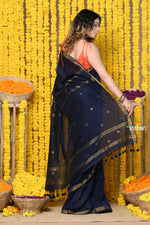 Thumbnail for Very Much Indian Rajsi - Designed by VMI! High Quality Mul Cotton Handloom Woven Saree With Sleek Border in dark blue - Distacart
